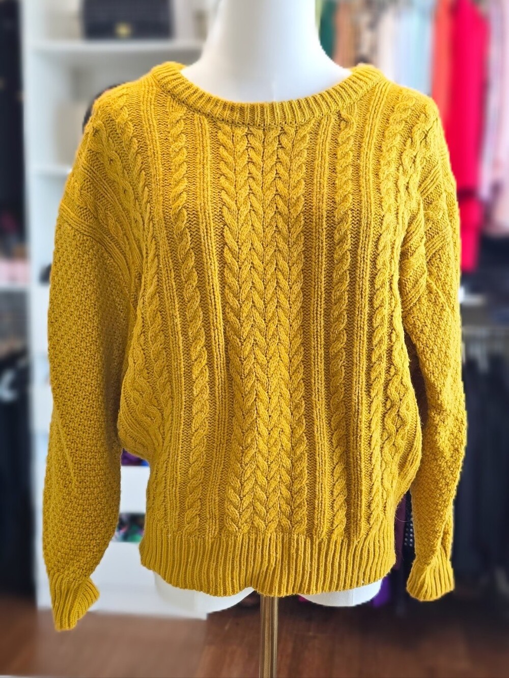 Workshop Republic Clothing Mustard Cable-Knit Crew Sweater Size S